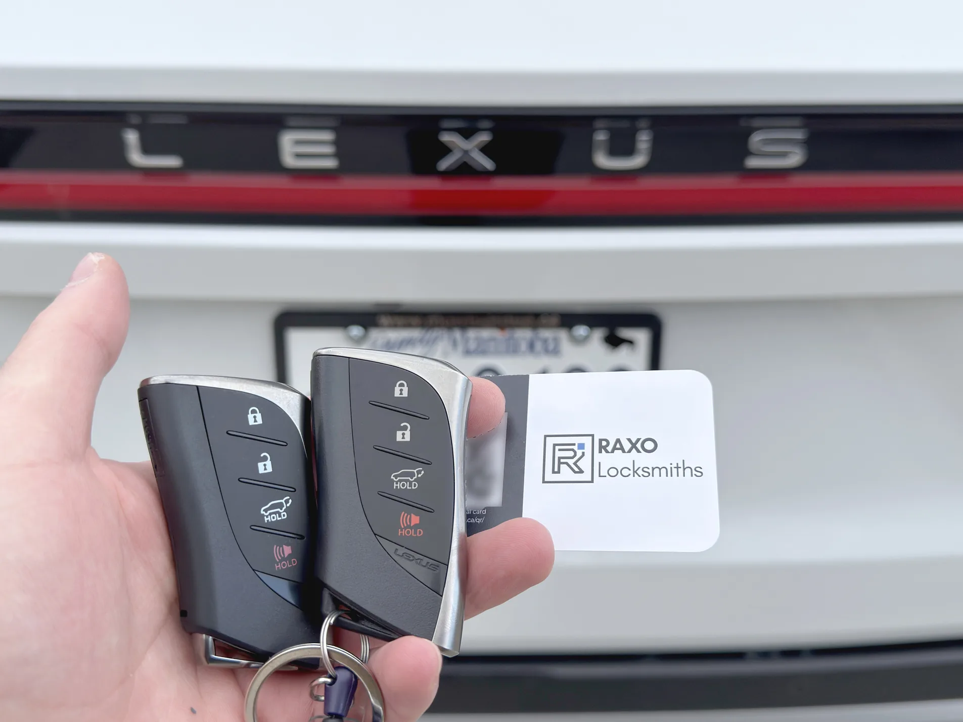 Two Lexus smart key fobs cut and programmed at the customer's Lexus in Winnipeg